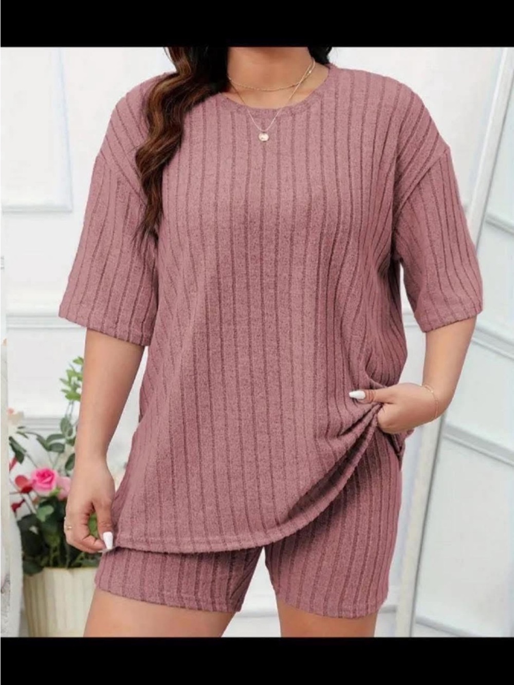 Women's Ribbed Lounge Set - Mauve Pink